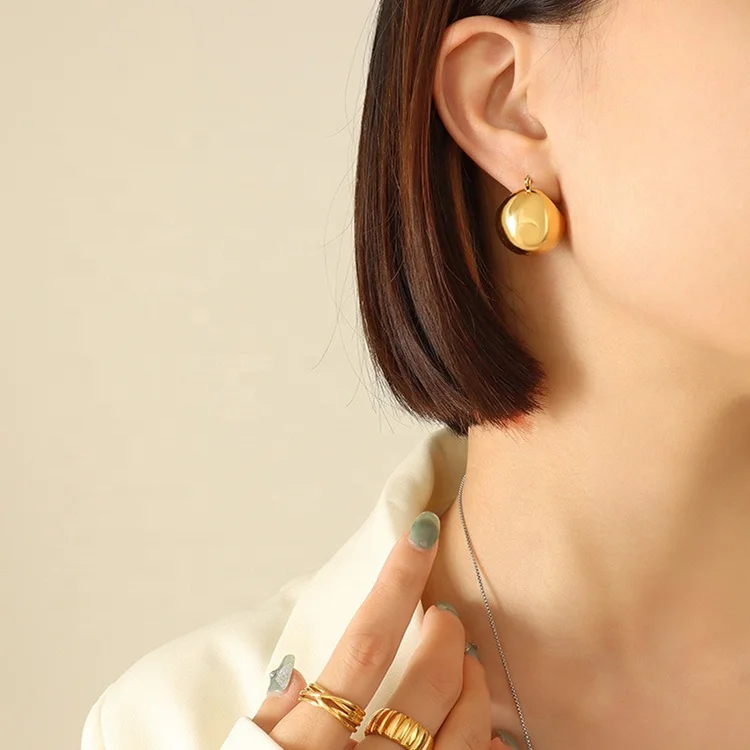 18K Gold Plated Round Ball Hoop Earrings Stainless Steel Fashion Jewelry