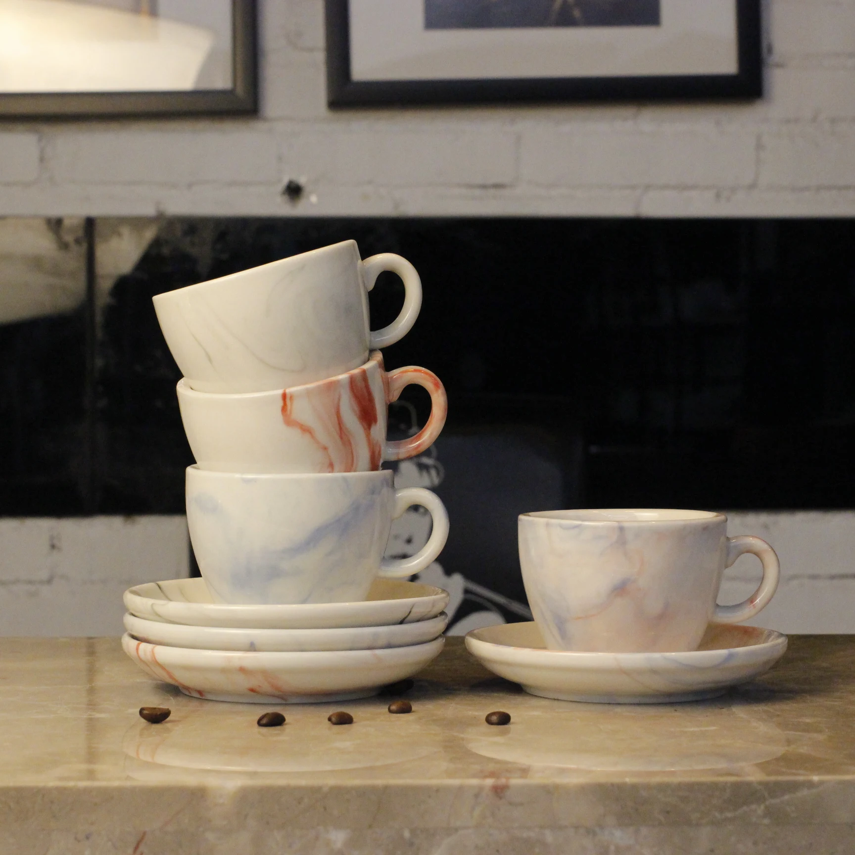 Simple Custom Marble Colors Cappuccino Ceramic Espresso Coffee Cup and Saucer Sets for Restaurant