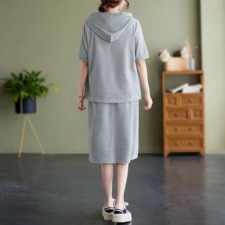 clothing manufacturer wholesale custom best quality gray tracksuit women short sleeve t shirts hoodie set with skirt for usa