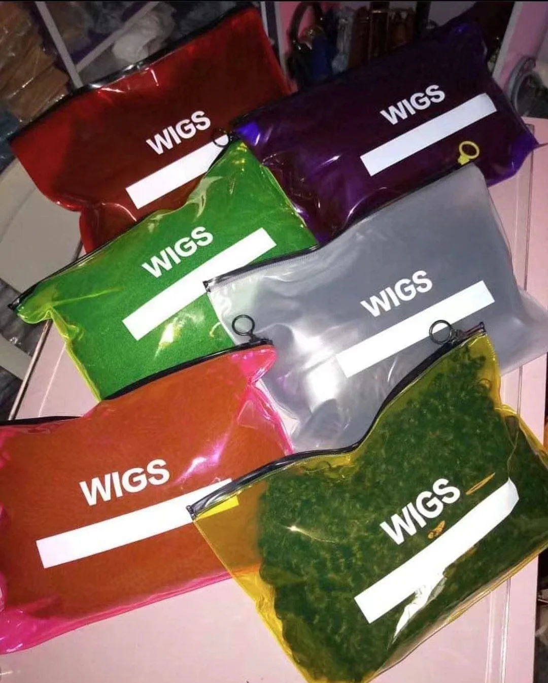T3016  Waterproof Plastic Wig Hair Extension Packaging Bags Colorful Pvc Ziplock Hair Bags Custom Logo Wig Hanger Bag