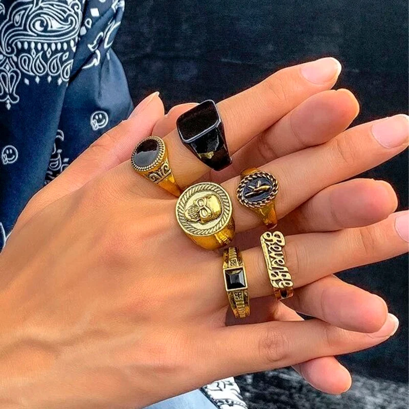 Unisex 6pcs Skull Ring Set Men Revenge Hip Hop Silver Rings Y2k Fashion Jewelry Anillos Mujer Bague Homme