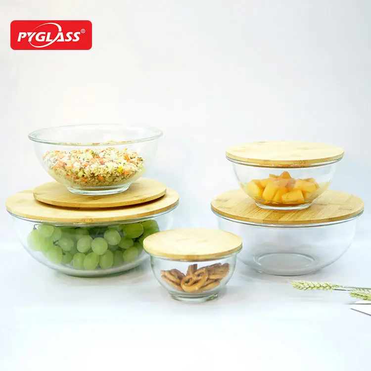Hot Selling 5 Set High Borosilicate Round Glass Mixing Bowl Set With Wood Lids
