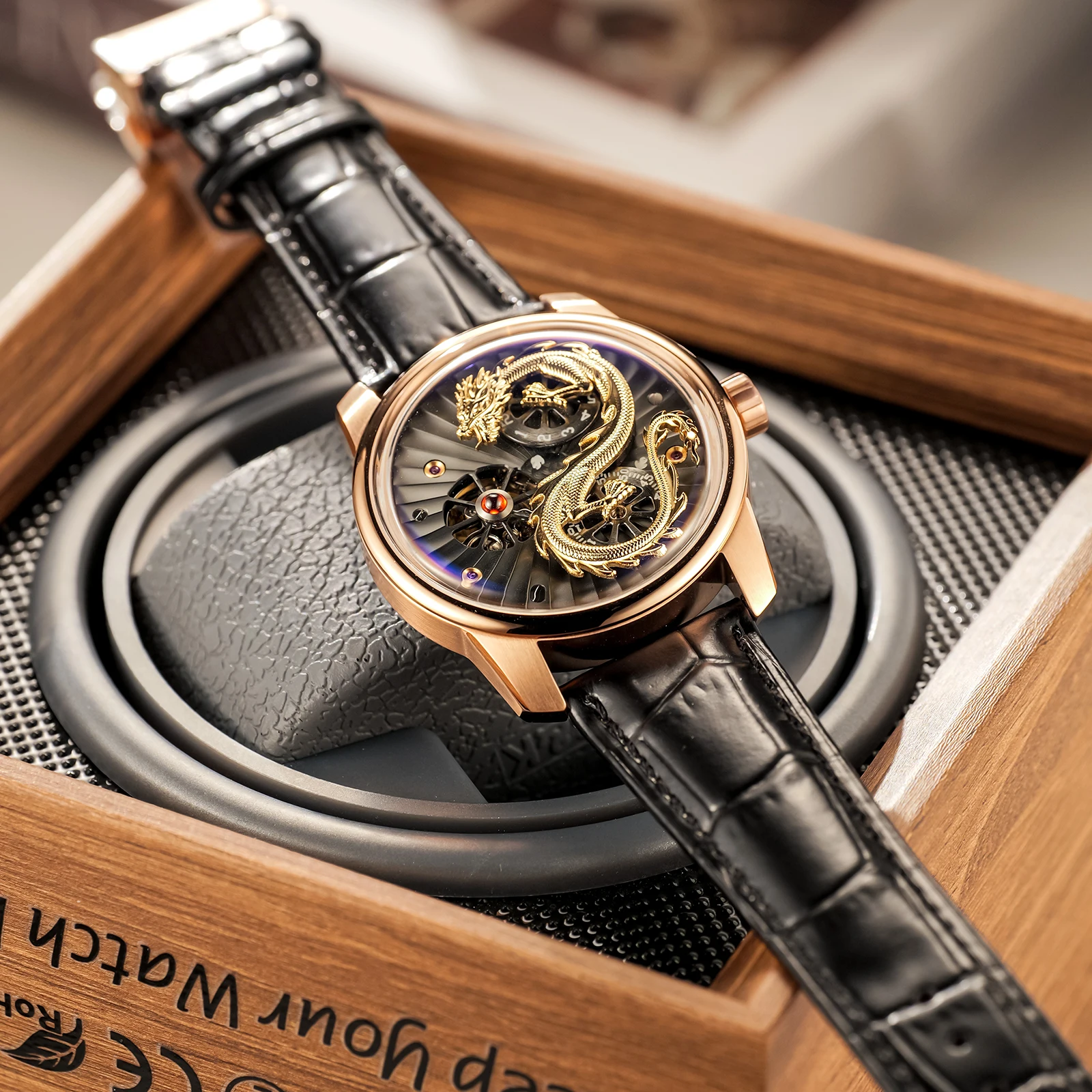 OBLVLO Hot Sale 3D Gold Dragon with Wheels Automatic Watch Mens Super Luminous Crocodile Print Leather Classic Watch JM-DRAGON