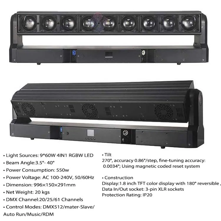 9x60w Zoom Wash Beam Nightclub Pixel Bar RGBW 4in1 LED Bar Moving Head DJ Light DMX Stage Lighting