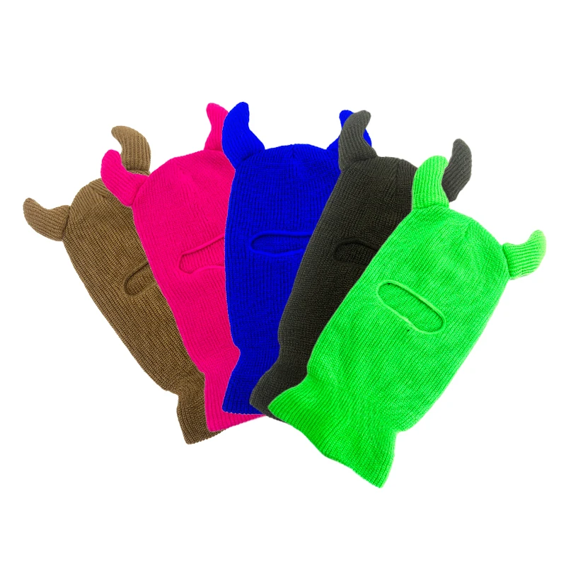 Winter Crochet Acrylic Knitted Funny Custom Balaclava Ski Mask Skimask Hat With Horns Ears For Men Women