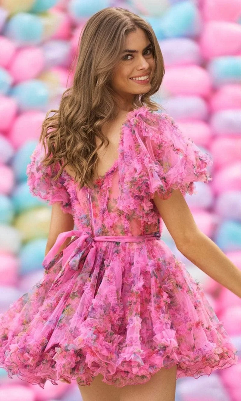 Elegant Summer Fashion 2023 Ladies Floral Printed Sheer Corset Casual Dresses Cap-Sleeves A line Short Dress for Women