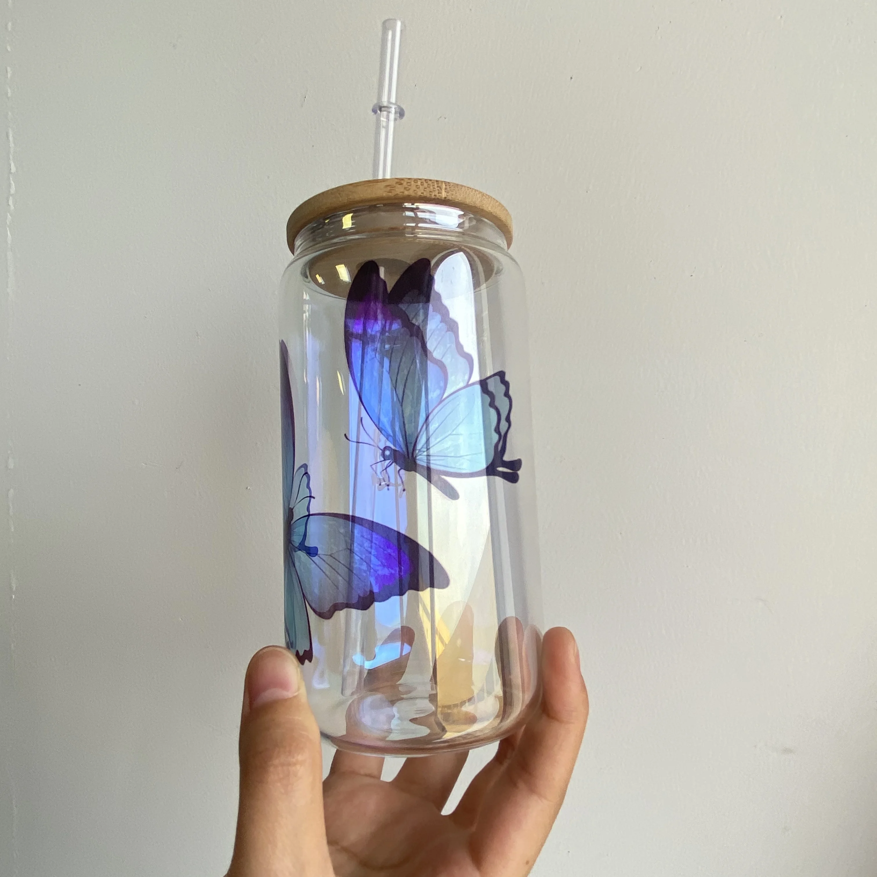 New arrival colorful in sunlight Laser clear rainbow iridescent 12oz 16oz 20oz DIY blank sublimation glass cans