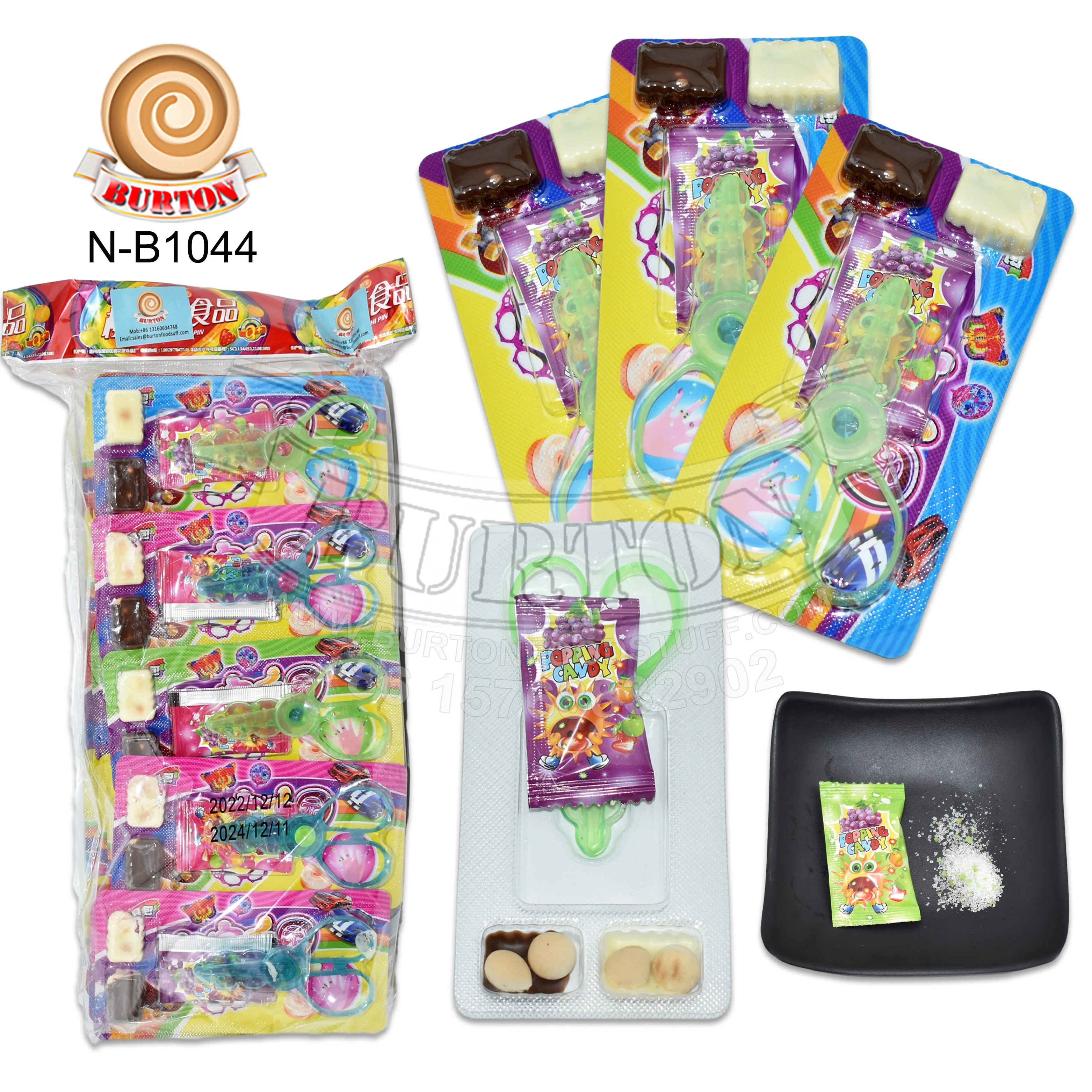 Funny scissor toy candy with milk chocolate biscuits and popping candy