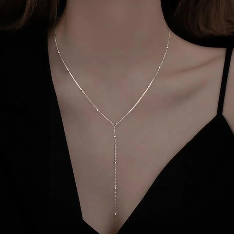 18k gold Simple round bead long chain necklace low-cut sexy cold wind collarbone chain light luxury niche design necklace