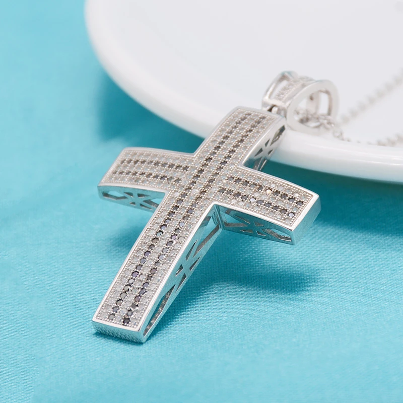 Fashion Mens Cross Necklace Catholic 925 Sterling Silver Christian Jesus Islamic Muslim Faith Necklace Silver