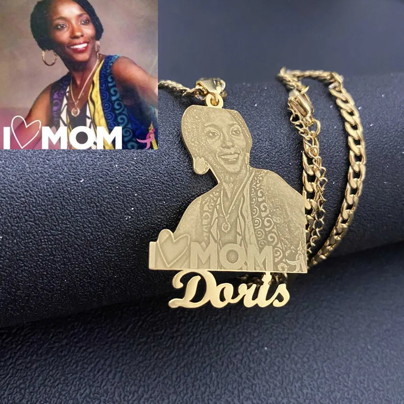 ShangJie OEM Stainless Steel Cuban Chain Photo Picture Portrait Nameplate Pendent Custom Photo Necklace Name Pendent For Women