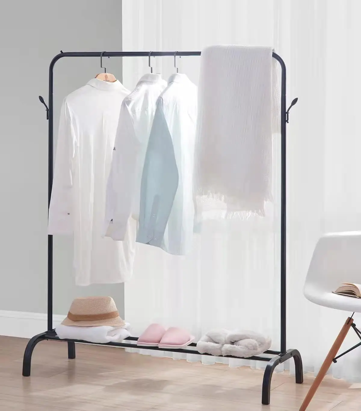 Black Garment Rack with Storage Shelves and Coat/Hat Hooks Indoor Freestanding Steel Clothes Rack for Bedroom or Living Room