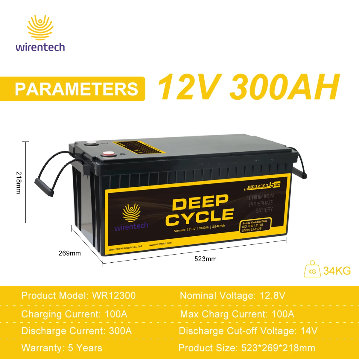 Wirentech 12V 300Ah 400Ah Lithium Ion Battery Lifepo4 Deep Cycle Home RV Truck Use BMS Protection IP65 plastic case