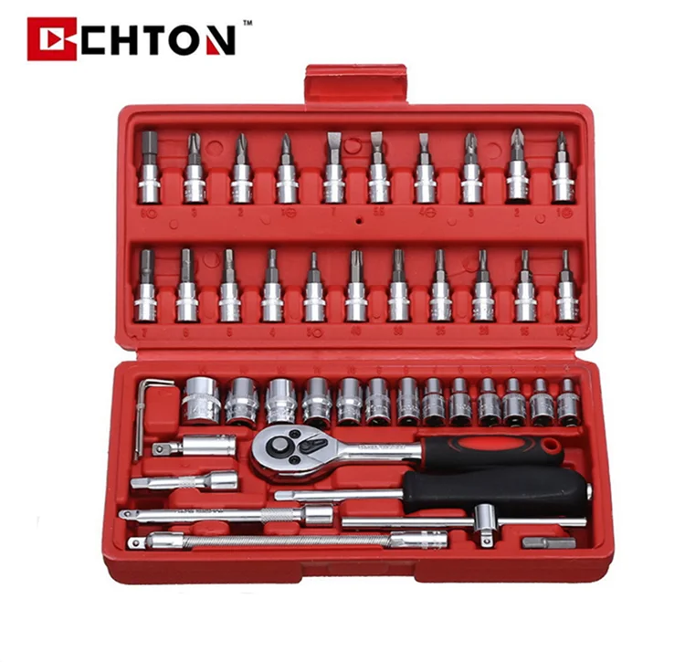 46 Pcs Tool Box 1/4 DR Motorcycle Car Repair  Spanner Chrome Vanadium Hand Tools And Ratchet Wrench Socket Set