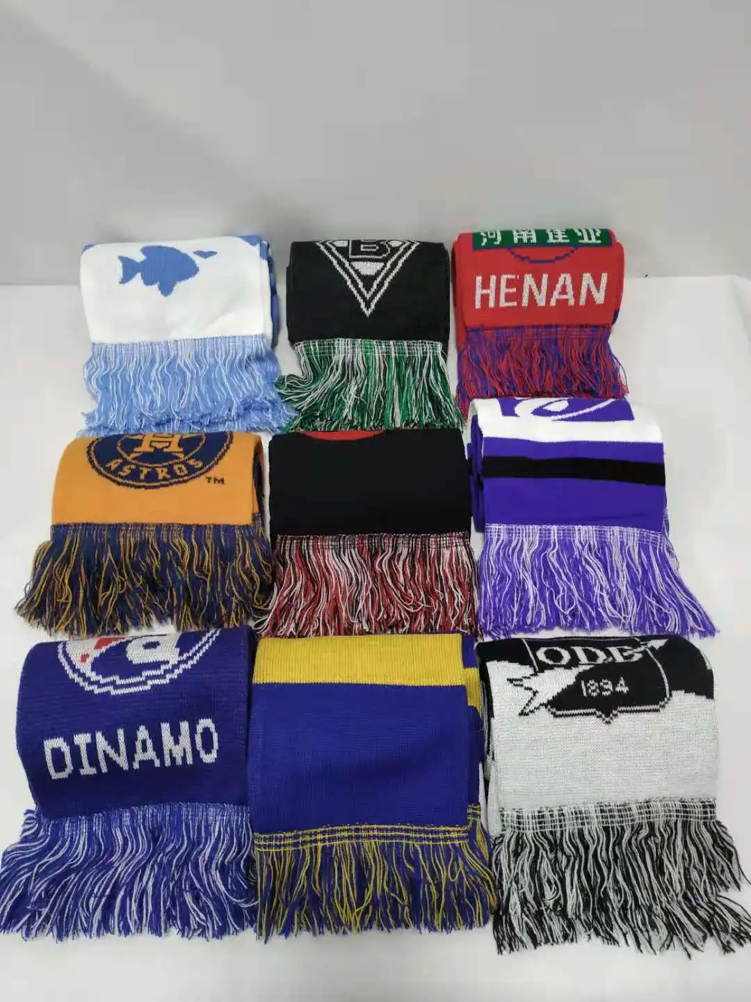 Custom festival knitted  jacquard acrylic fan scarfs with fringes and customized logo beanie in set