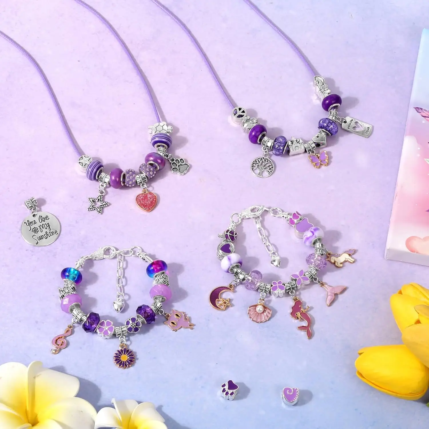 130 Pcs Charm Bracelet Making Kit Unicorn Mermaid Toy Jewelry Beads For Teenage Birthday, Christmas Stocking Gift