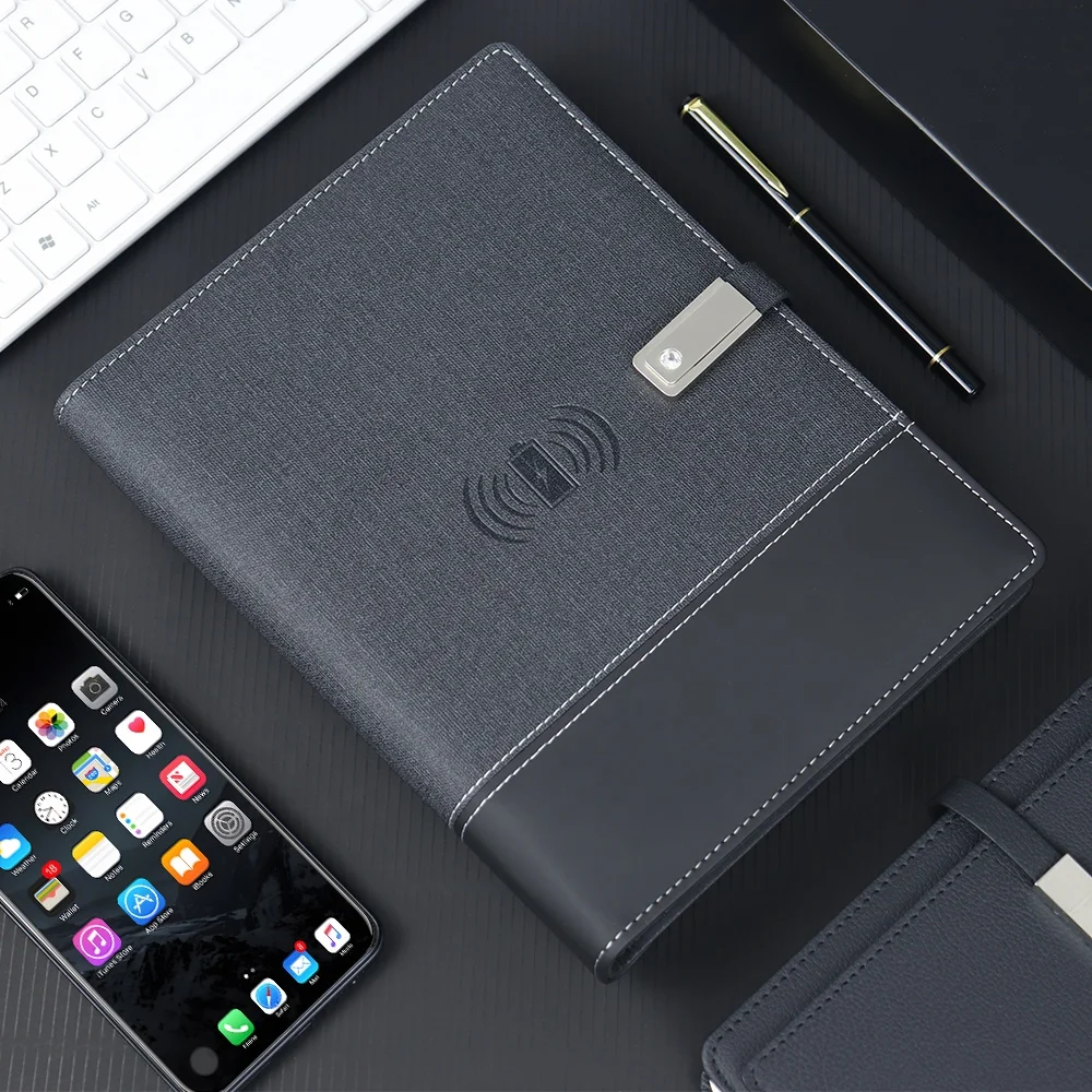 custom logo business gift luxury smart diary with power bank wireless charging notebook with bluetooth speaker