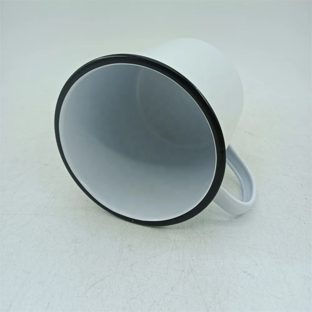 Customized Customized Vintage Powder Coating Wholesale White in Black Rim Travel Metal Coffee Cup Easy Carrying Camping Mug