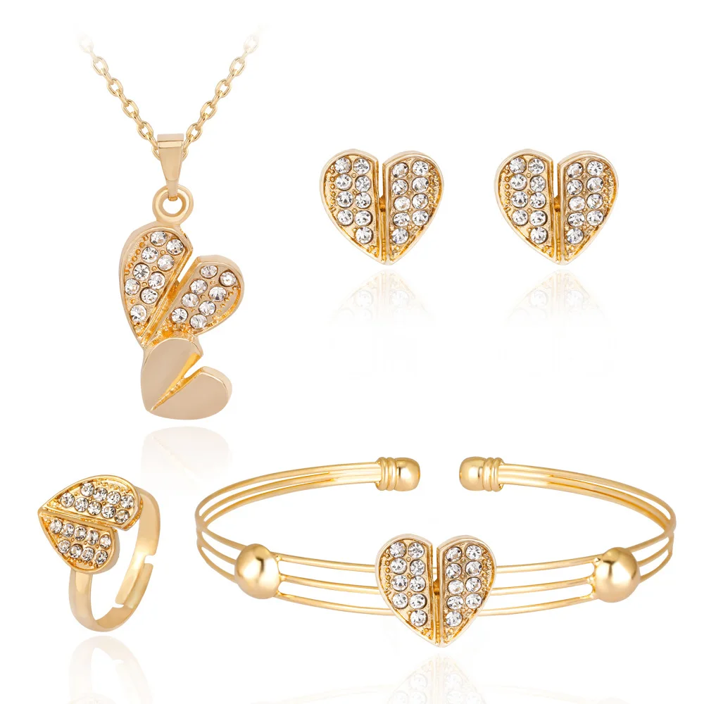 Fashion 4pcs Gold Plated Alloy Diamond Heart Necklace And Earrings Pakistan Jewelry Set
