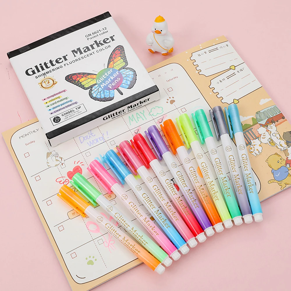 12 Painting Color Glitter Permanent Highlighter Marker Pen For Student School Office Art Marker Pen Set
