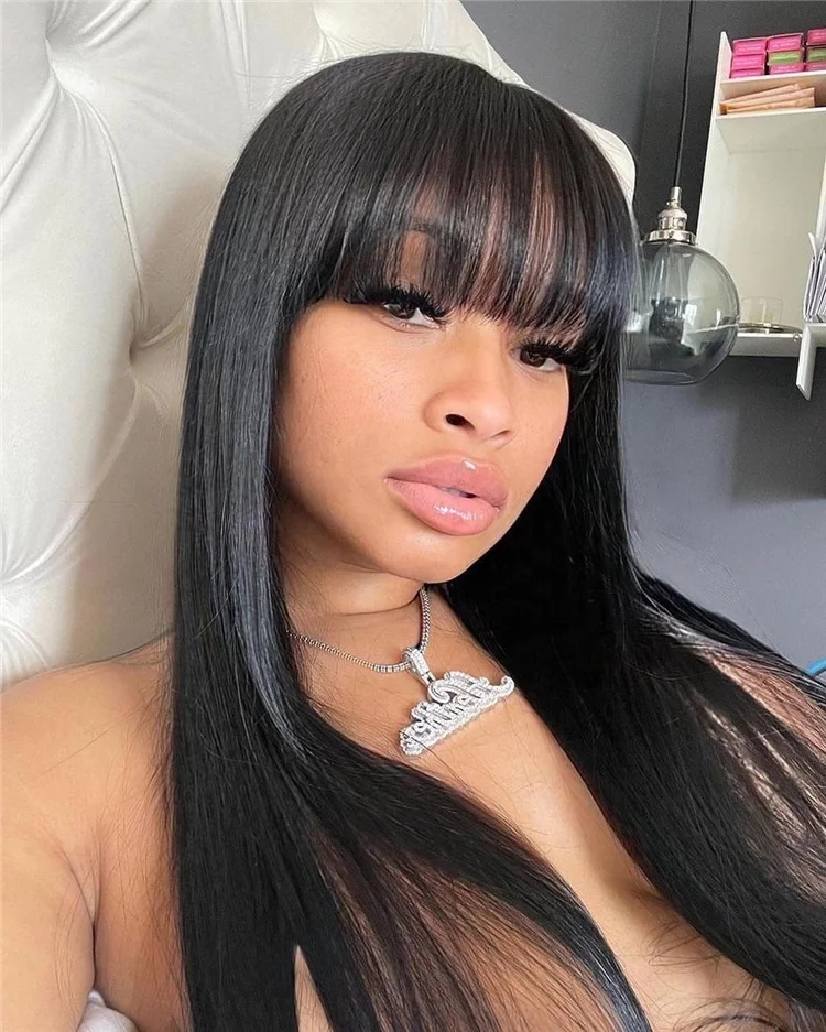 Cuticle Aligned Bangs Virgin Hair Wig Vendor Silky Straight Fringe Wig Human Hair Remy Brazilian Hair Wigs for Black Women