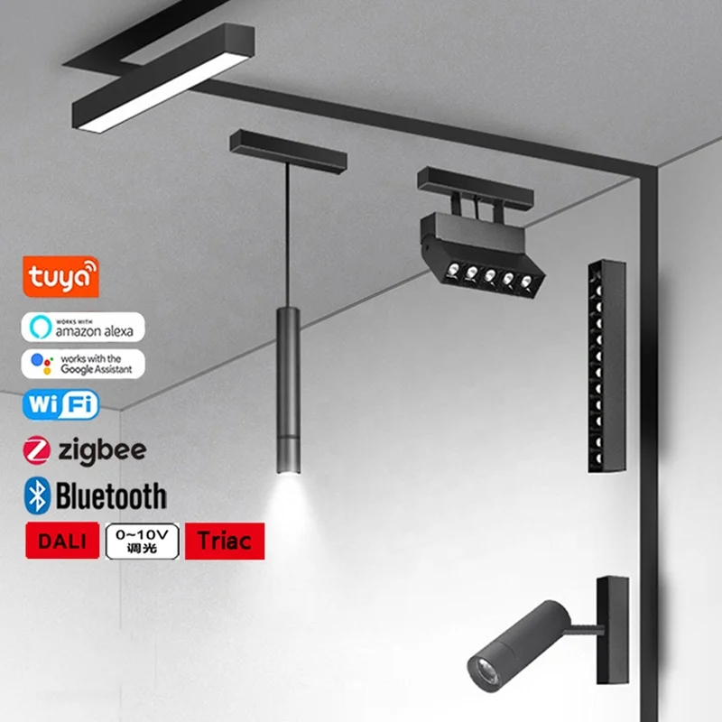 Tuya zigbee bluetooth cct 48v 24v magnetic track lighting system 0-10v Dali triac dimmable magnetic track light smart