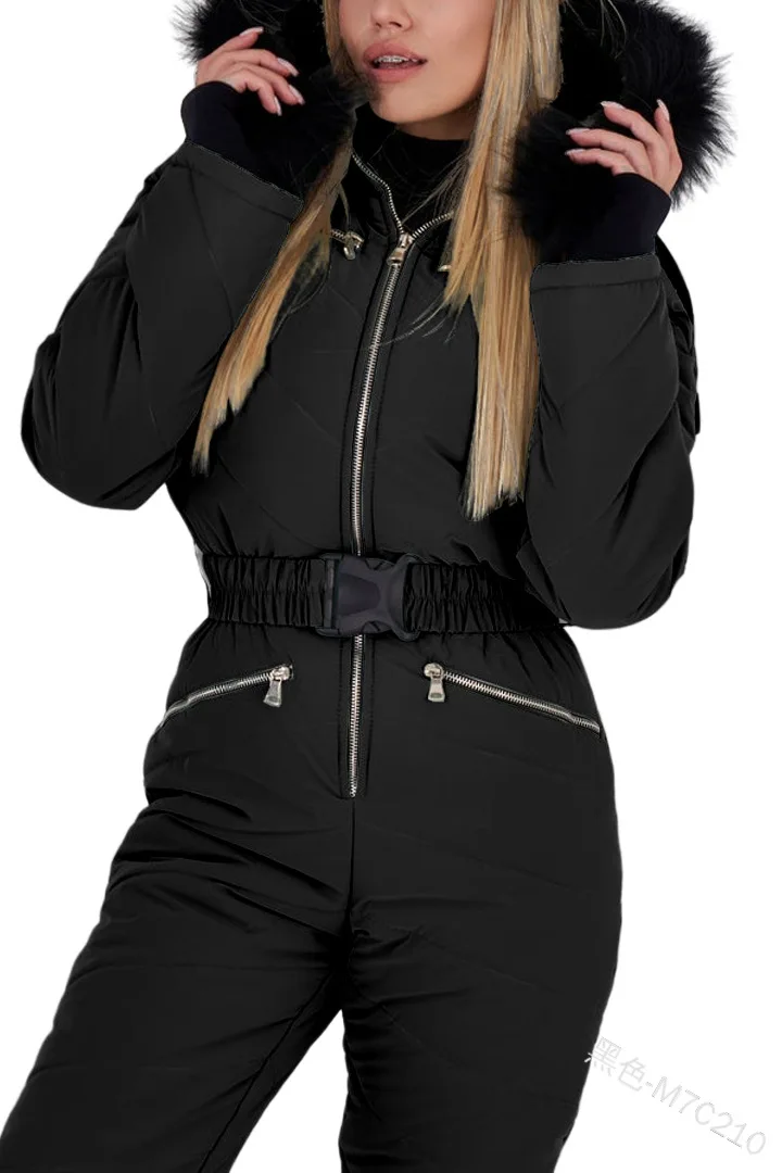 Winter warm woman fashion ski suit jacket hoodie outdoor sports jumpsuit zipper ski suit clothes