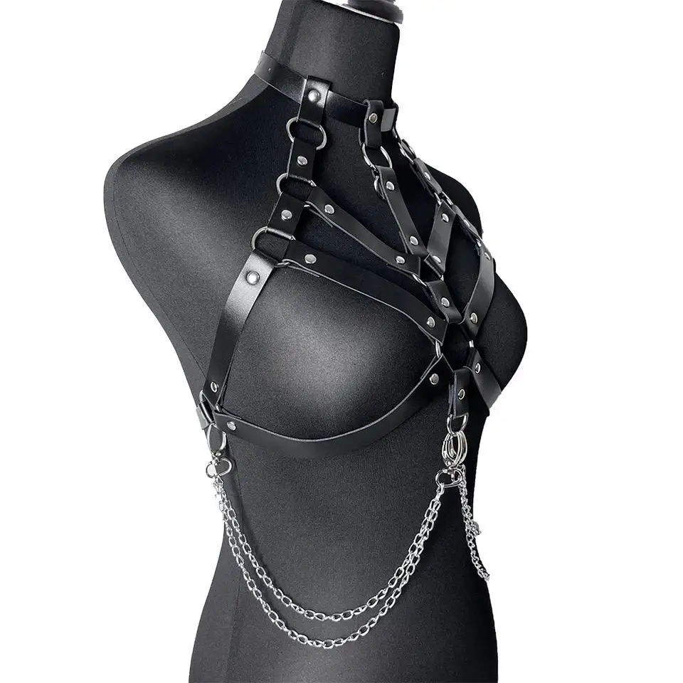 Women PU Leather Chest Harness Body Bra BDSM Erotic Lingerie SM Bondage Set Slave Collar Decoration Chain Sex Toys