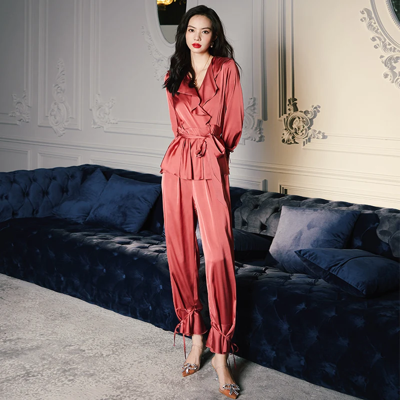2022 Romantic sleepwear design long sleeves long pants satin two pieces pajamas set women housecoat with lotus leaf collar