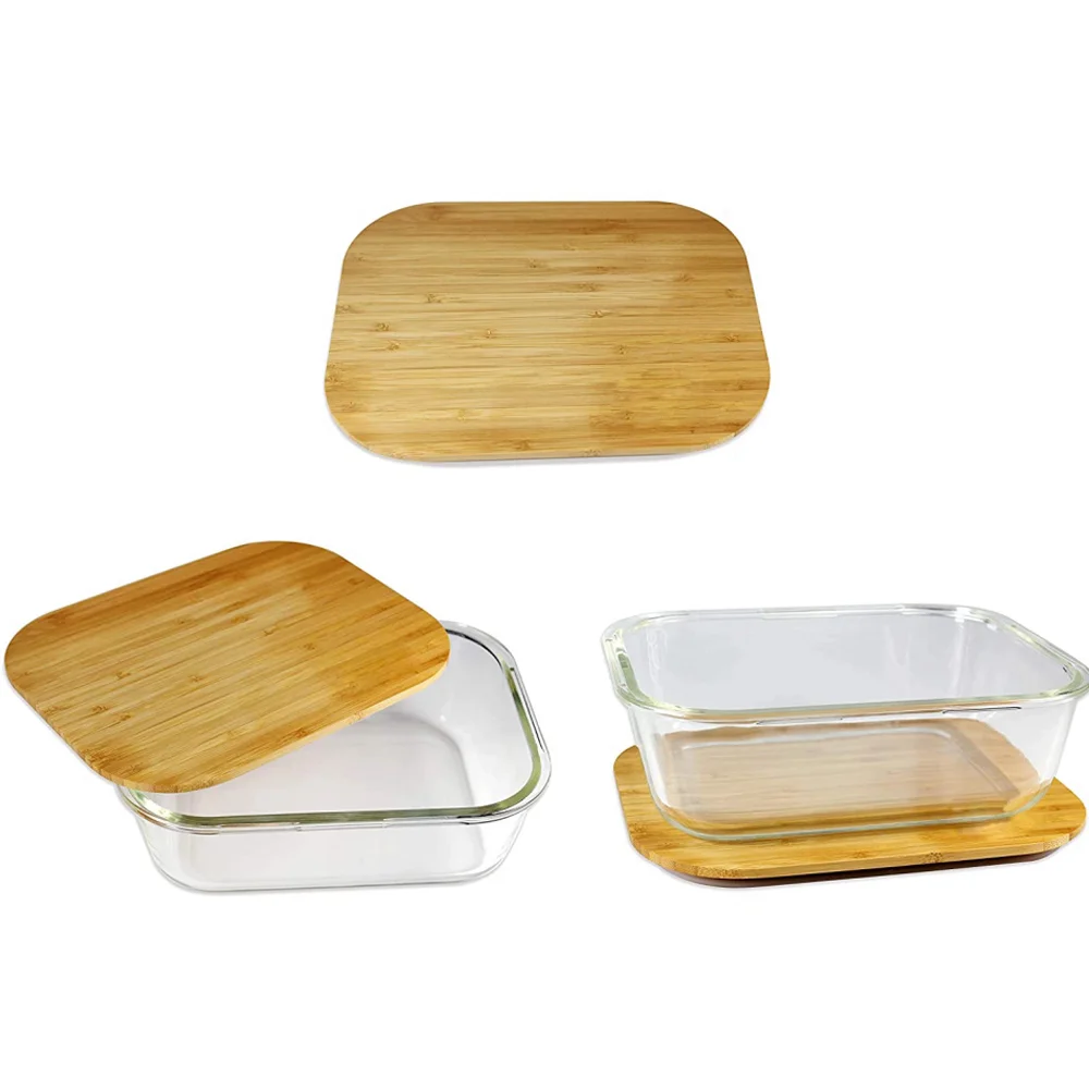 Eco friendly heat-resistant high borosilicate glass food container with bamboo wood lid