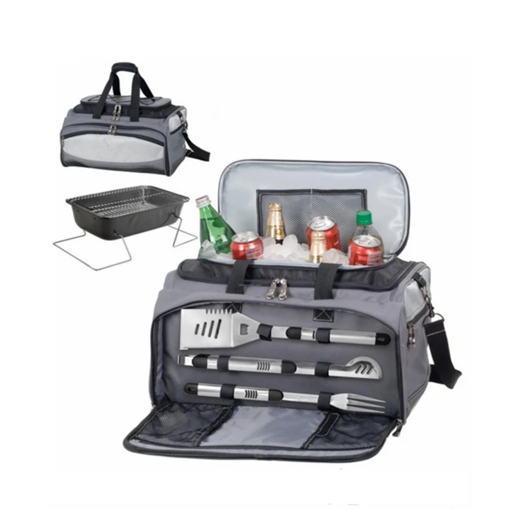 3 in 1 portable bbq grill with cooler bag and grill tool set for outdoor camping barbecue grill set