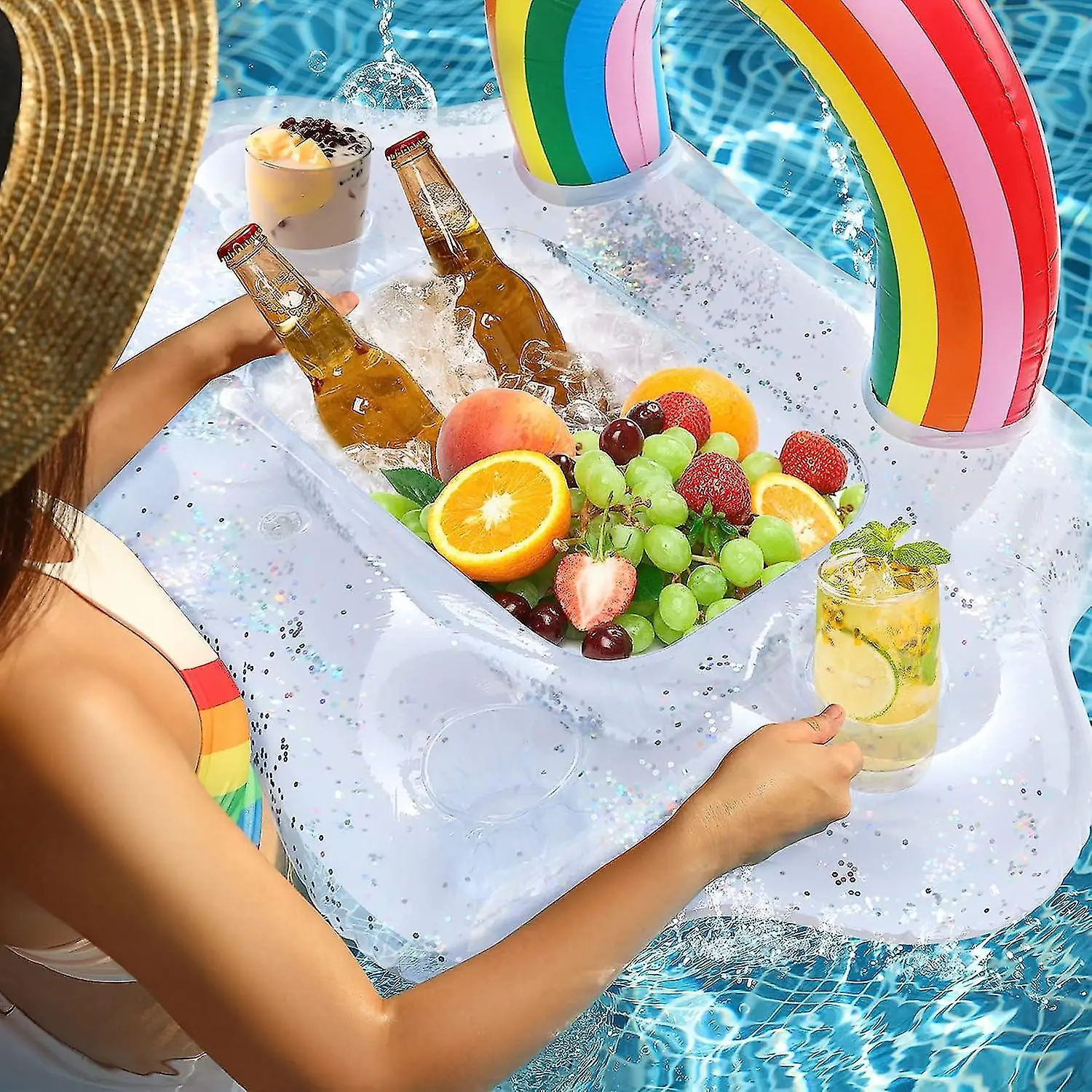 Inflatable Floating Cup Holder Glitter Rainbow Cloud Food Drink Holder Summer Party Beer Ice Bucket Drink Cooler Tray