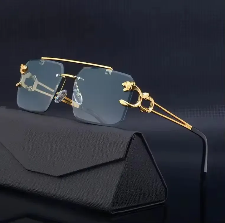 wholesale 2024 new small gold designer women glasses rectangle silver frameless rimless Leopard head sunglasses for men luxury