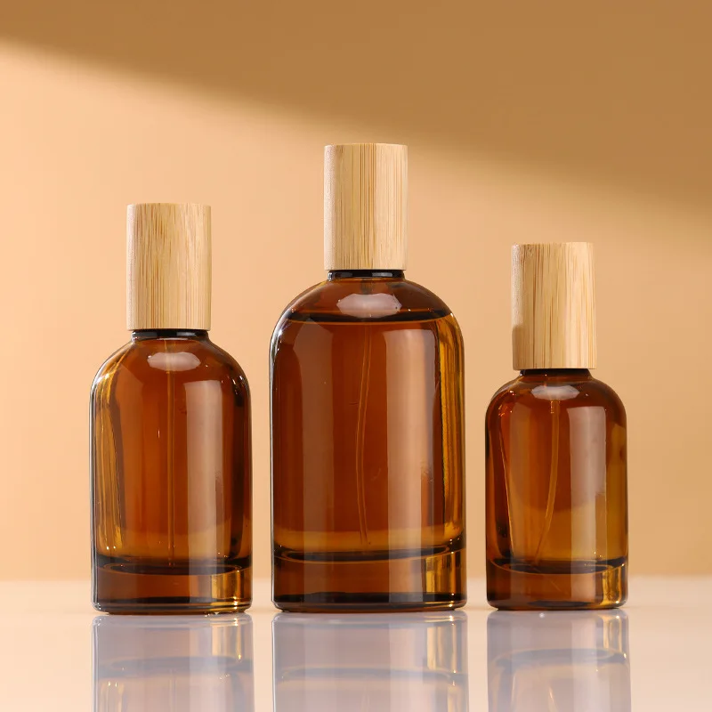 30ml 50ml 100ml  empty amber glass  crimp sprayer perfume bottles with bamboo lids