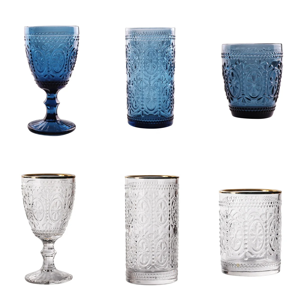 Telsen Factory Price Vintage Embossed Blue Gold Rim Pressed Wine Glass Set Engraved Goblet Hiball Tumbler