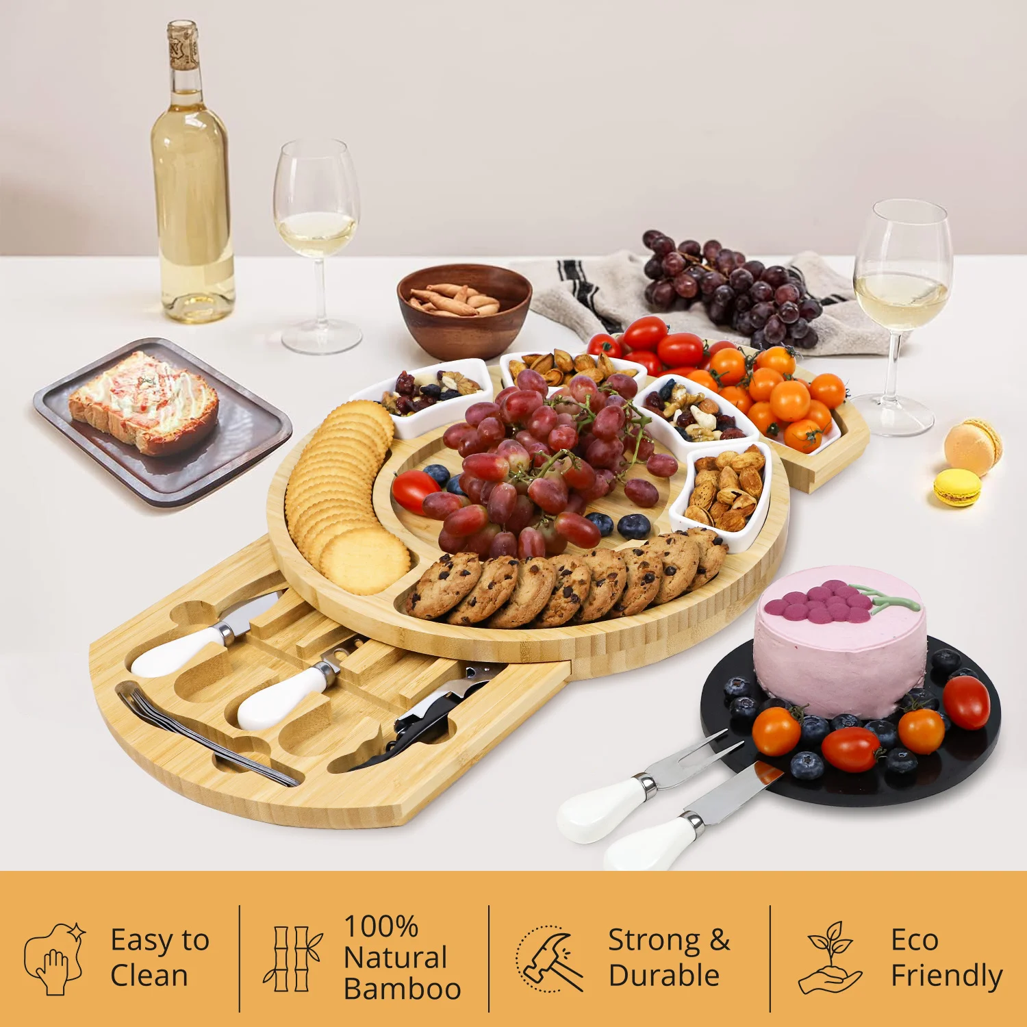 GL Unique Design Expandable  Bamboo Cheese Charcuterie Board With Fruit Cheese Plates Trays And Knife Set