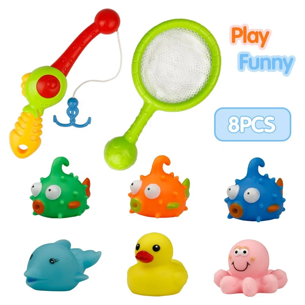 Baby Toy Bath Squirters Toys Water Play Set Fishing Game Toy Fishing Floating Set Fish Duck Octopus with Net for Kids 3+