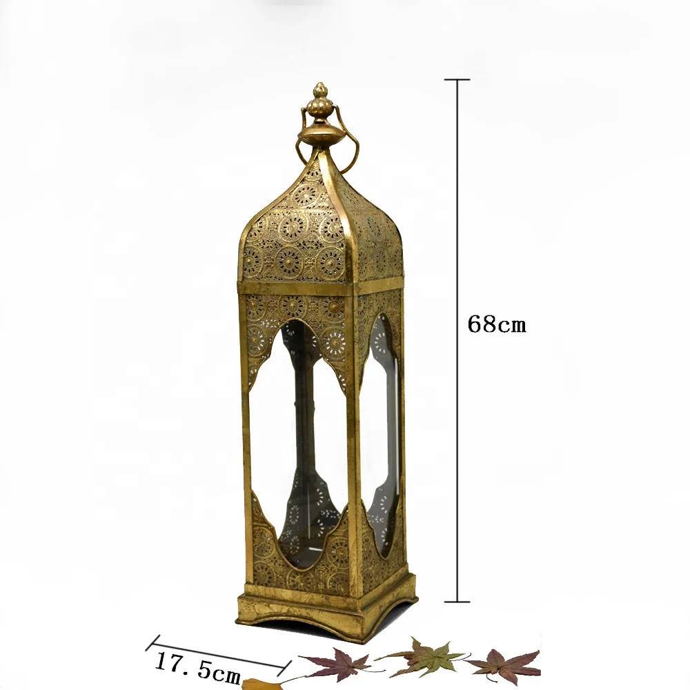 Luckywind Large Antique Golden Leaf Vintage Moroccan Metal Lantern Candle Holder