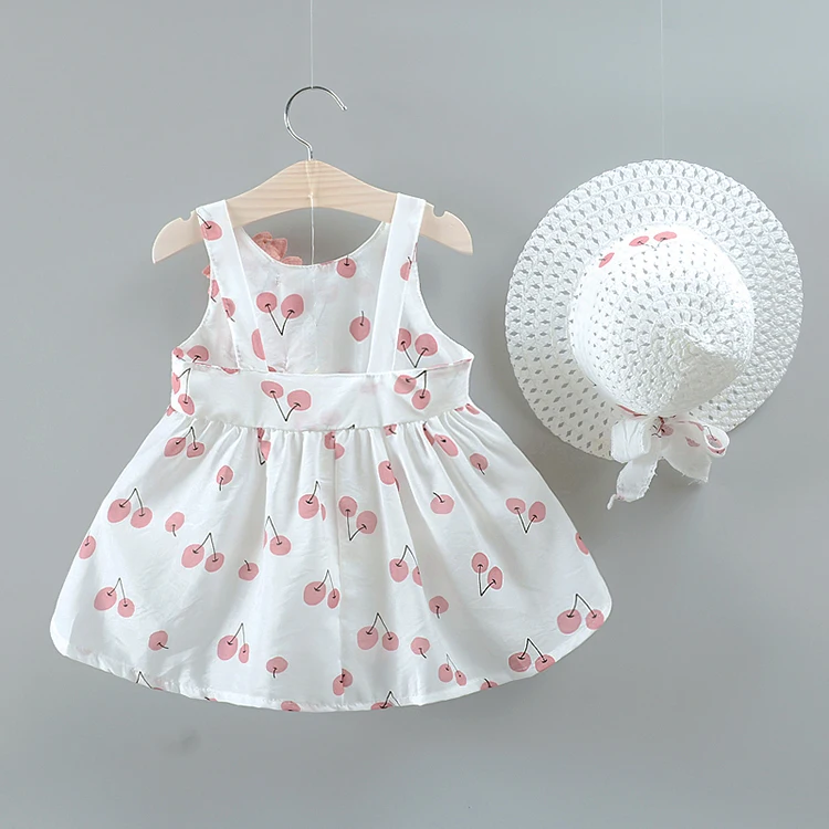 
Summer cute cotton blend baby kids clothes girl toddler dress with straw hat 
