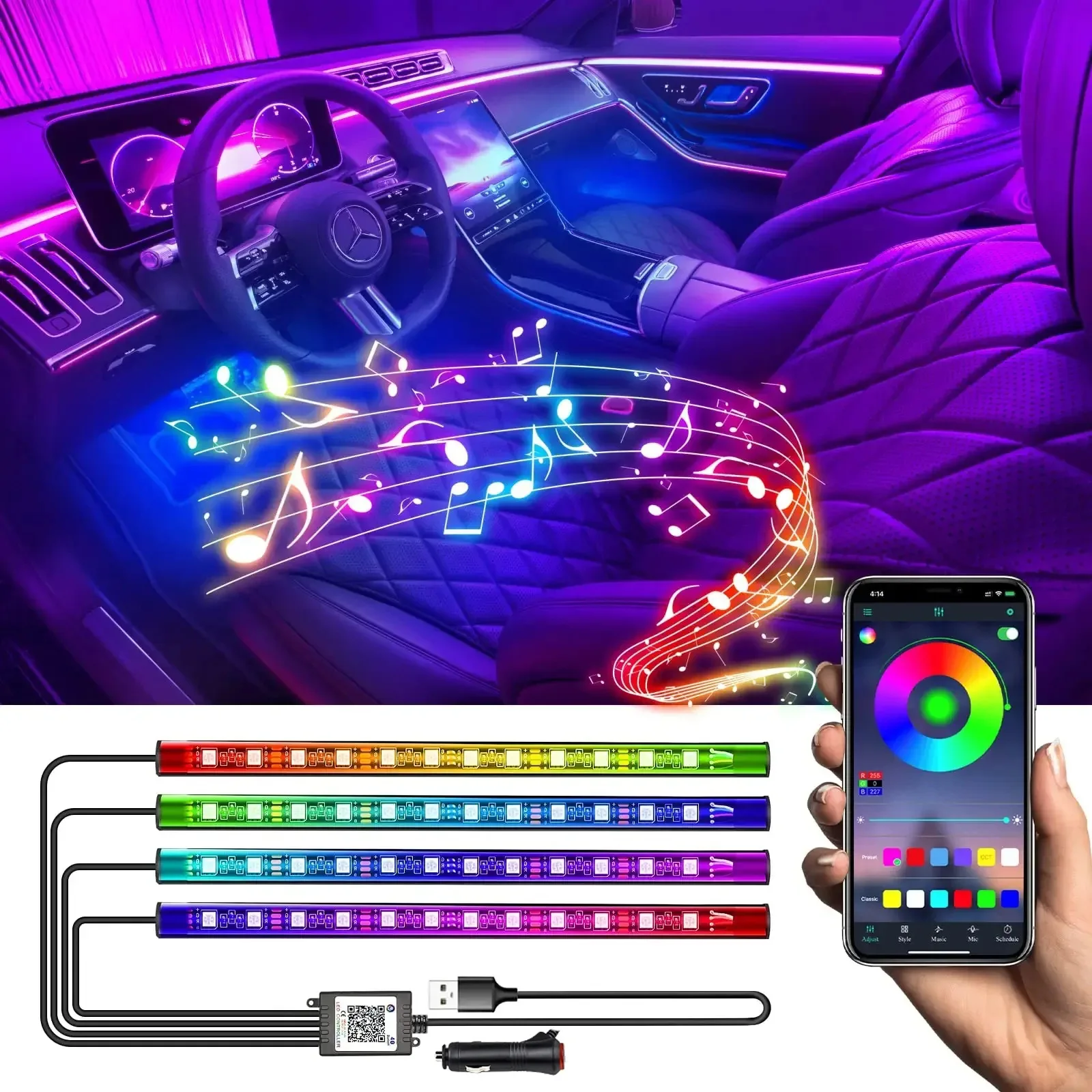 Multicolor RGBIC Inner Ambient Atmosphere Strip USB Kit Sound Active App Wireless Remote Control Car Foot Interior Led Lights
