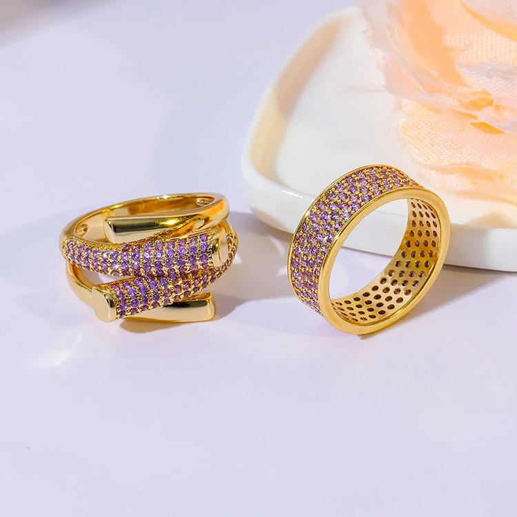 2024 New Round Stone Color Ring Diamond Ring Dense Wax Micro Inlaid Color Zircon Plated 18k Gold Ring