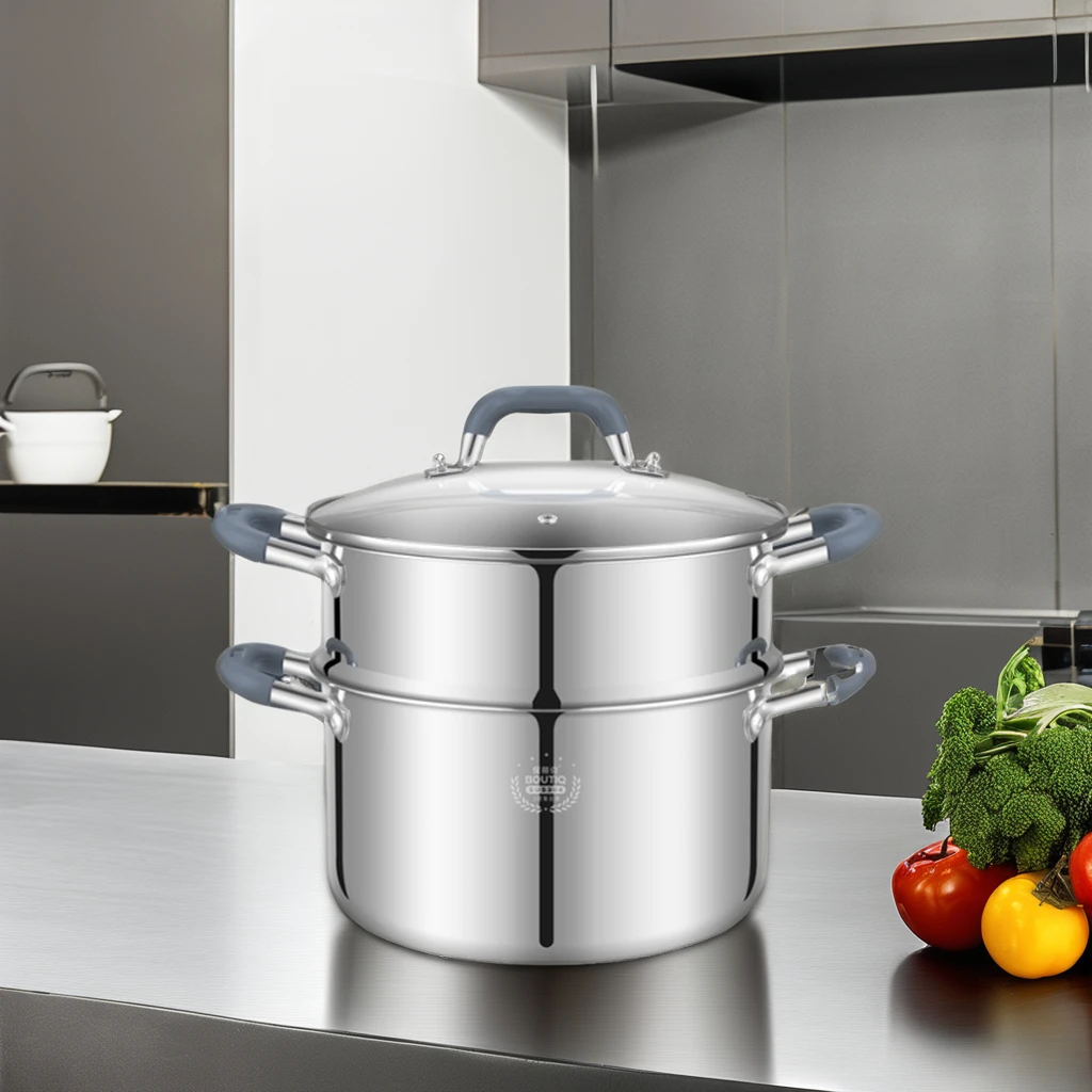 High Quality kitchen cooking steamer soup pot 2 tier stainless steel steamer cooker pot With Lid for restaurant hotel cooking