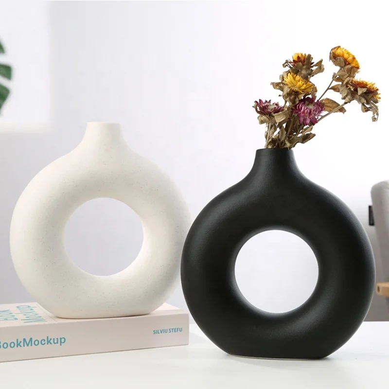 Натуральная Скандинавская фарфоровая круглая керамическая ваза, декоративная белая ваза с пончиком для украшения интерьера