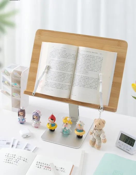 New Style Multifunctional Reading Writing Use Aluminum Alloy Bracket Bamboo Wooden Lifting Desktop Book Reading Stand Holder