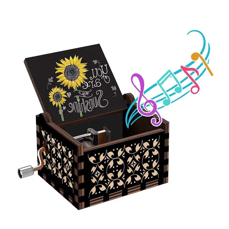 Black Music Box Gift Wood Music Box Vintage Hand Crank Wood Engraved Small Personalized Black Musical Box Gift Kids Toy Present