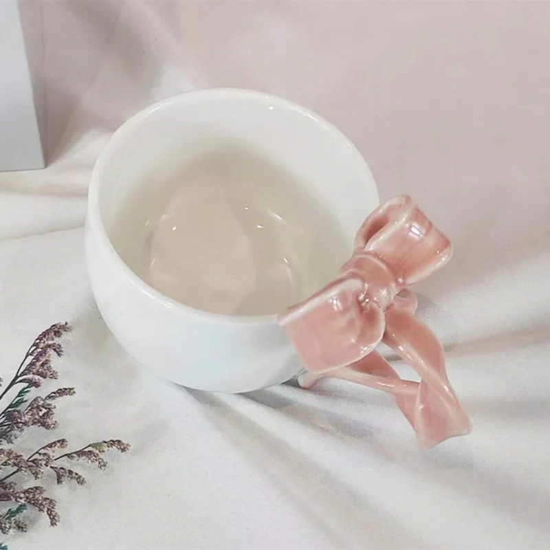Ins new girly bow handle ceramic coffe cup Christmas Valentine Day couple gift set customized 3d cute mugs for girls