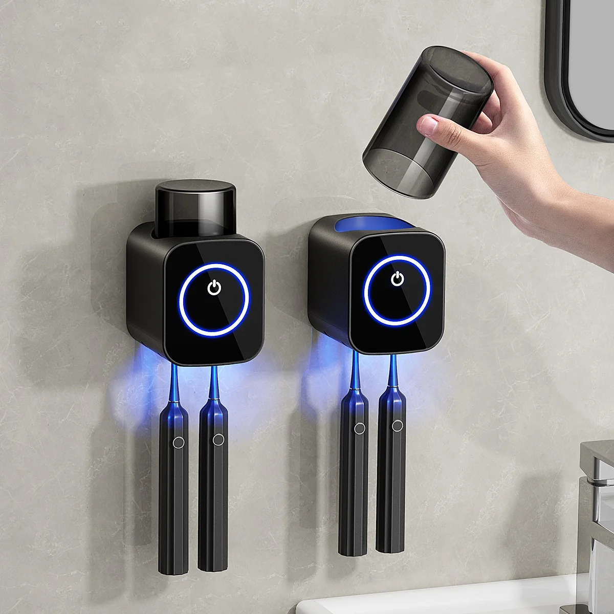 wall mounted rechargeable electric  couple  uv Professional  toothbrush  cleaner sterilizer with cup heating and drying function