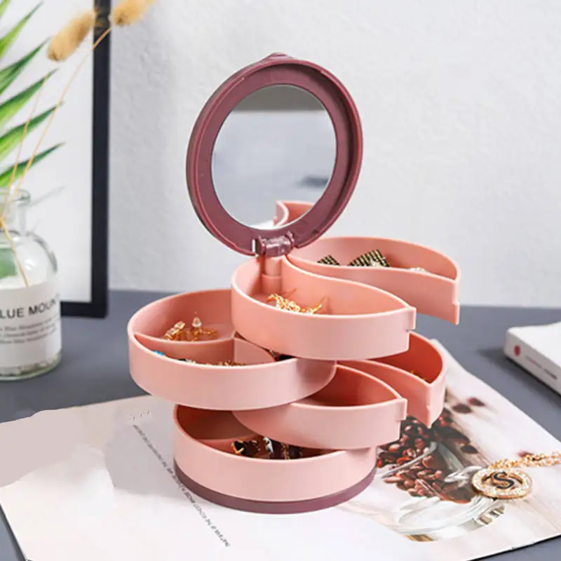 hot sale Rotating Jewelry Storage Box Cosmetics Organizer with Mirror Earring Ring Jewelry Casket