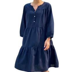 Latest Design Elegant Navy Long V-Neck 100% Cotton Outdoor Female Dress