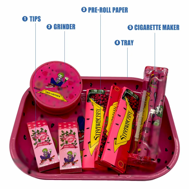 Custom Smoking Set Grinder+Tips+Tray+Cigar Paper Machine+Cigarette Rolling Paper 5pcs Pre-Roll Packaging Box